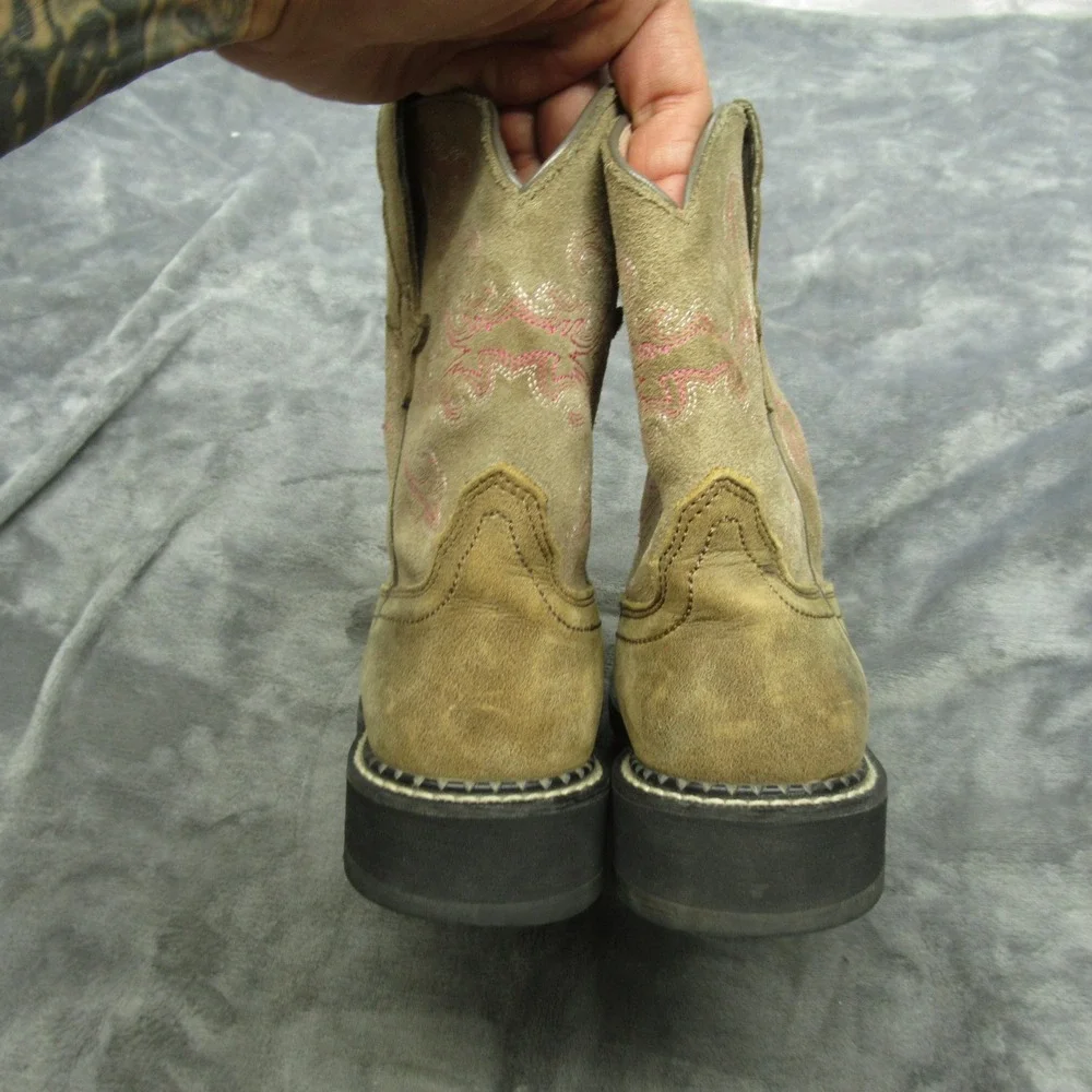 Ariat‎ Girls Boots 6 B Pink Embroidered Tan Leather Square Toe Fatbaby II Cowboy